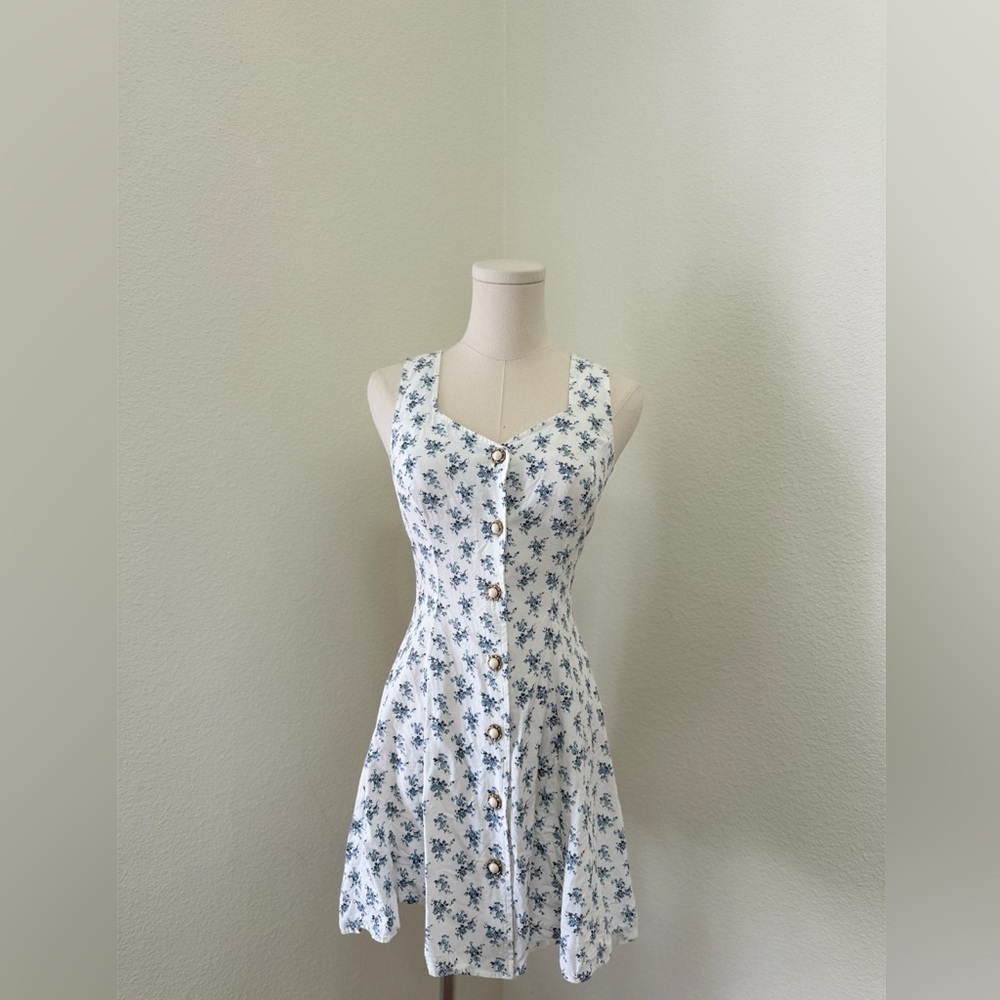 Vintage 90’s Fredericks of Hollywood White & Blue Corset Back Mini Dress Size XS
